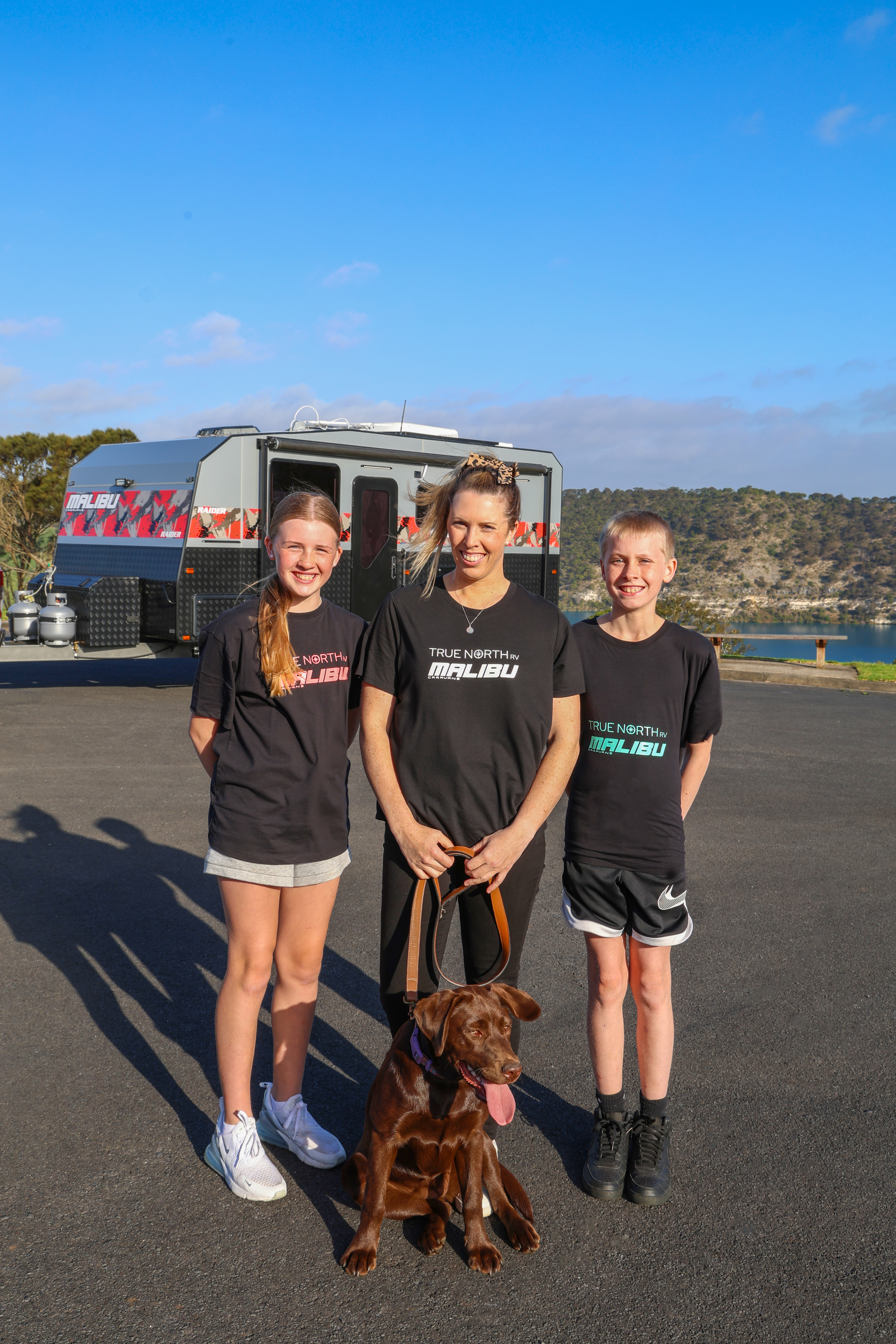 Jess, Eliza and Tristan Herring + Ruby the Choc Lab